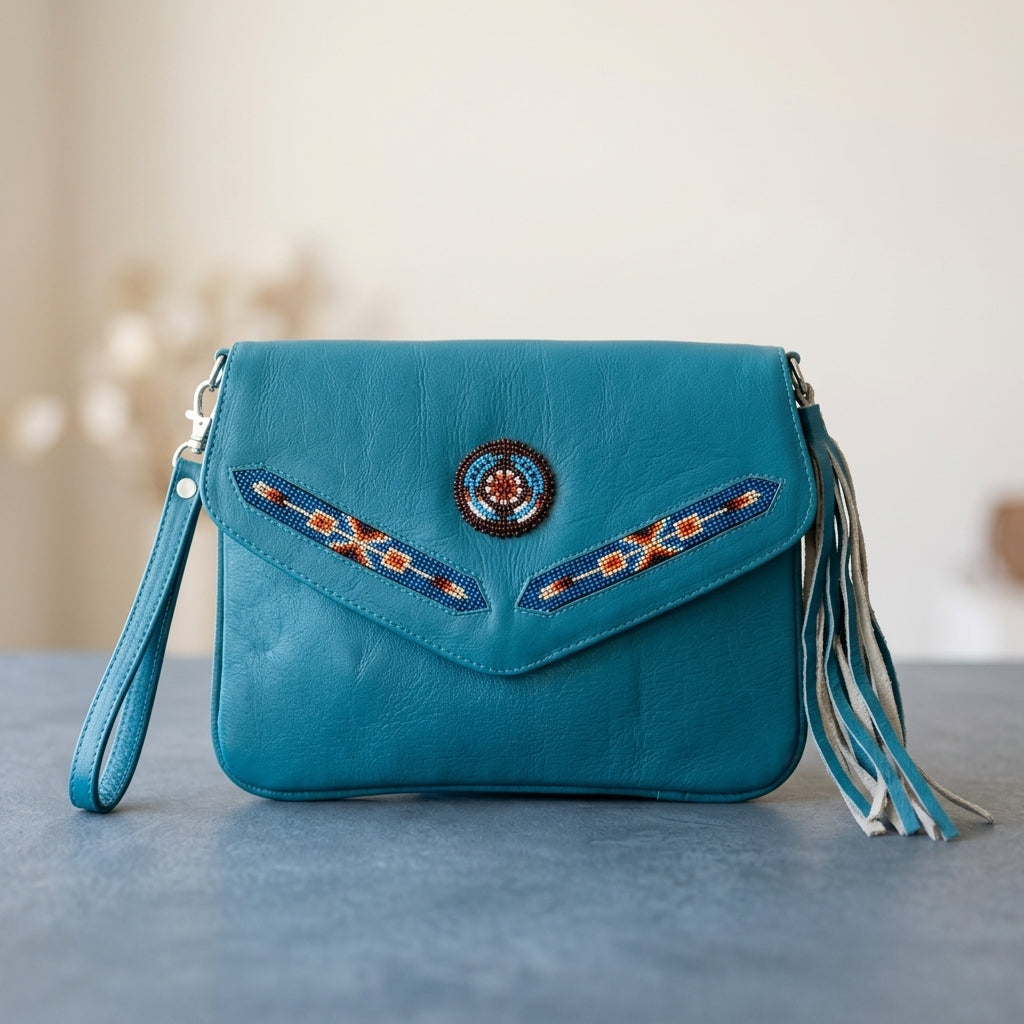 Sac bandoulière en cuir perlé (turquoise)