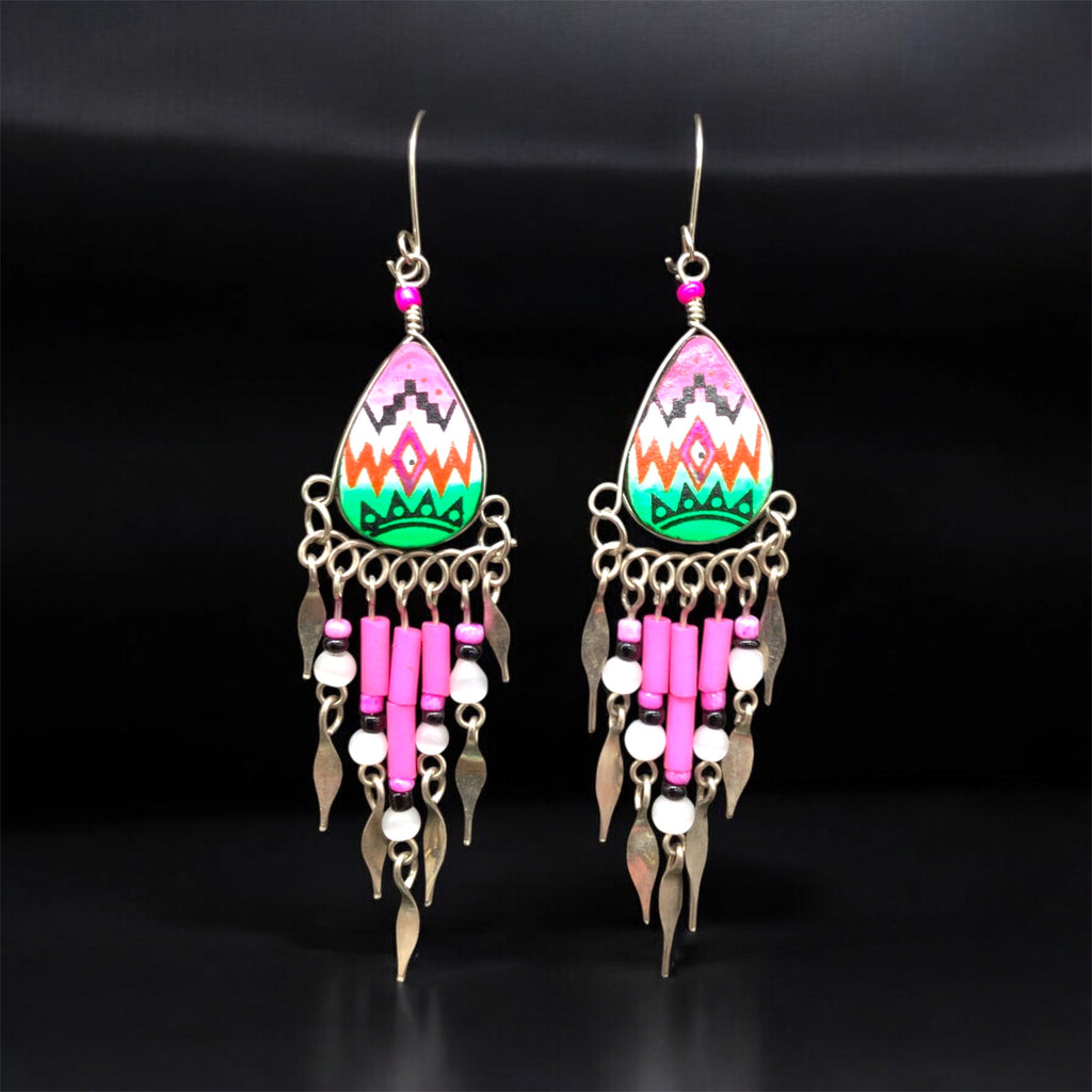 Boucles d'oreilles larmes roses et vertes de petite taille OldTribes™ inspirées du sud-ouest
