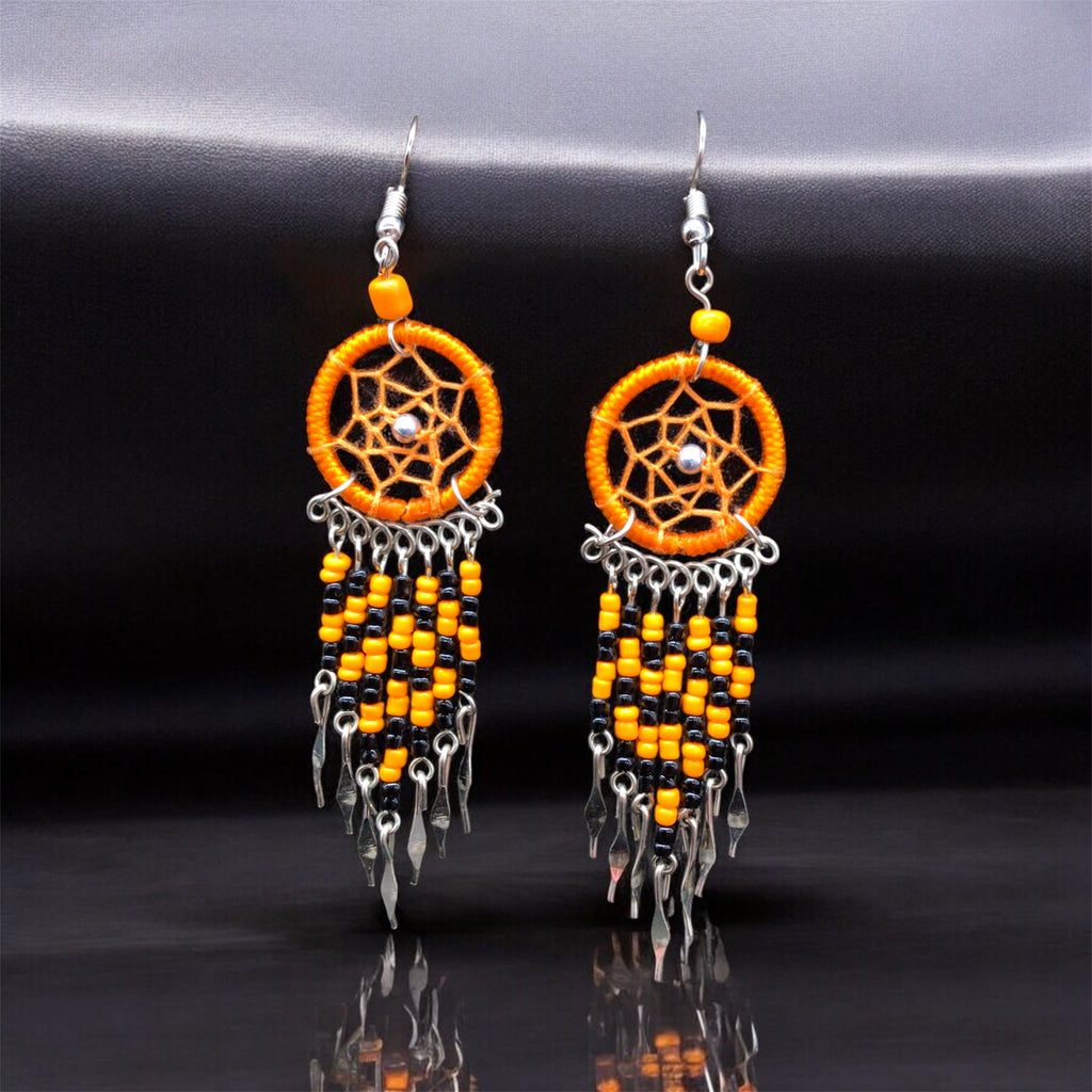 Boucles d'oreilles Attrape-rêves perles orange et noires