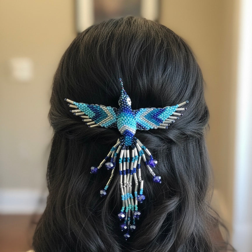 Barrette Colibri bleue et argentée avec franges