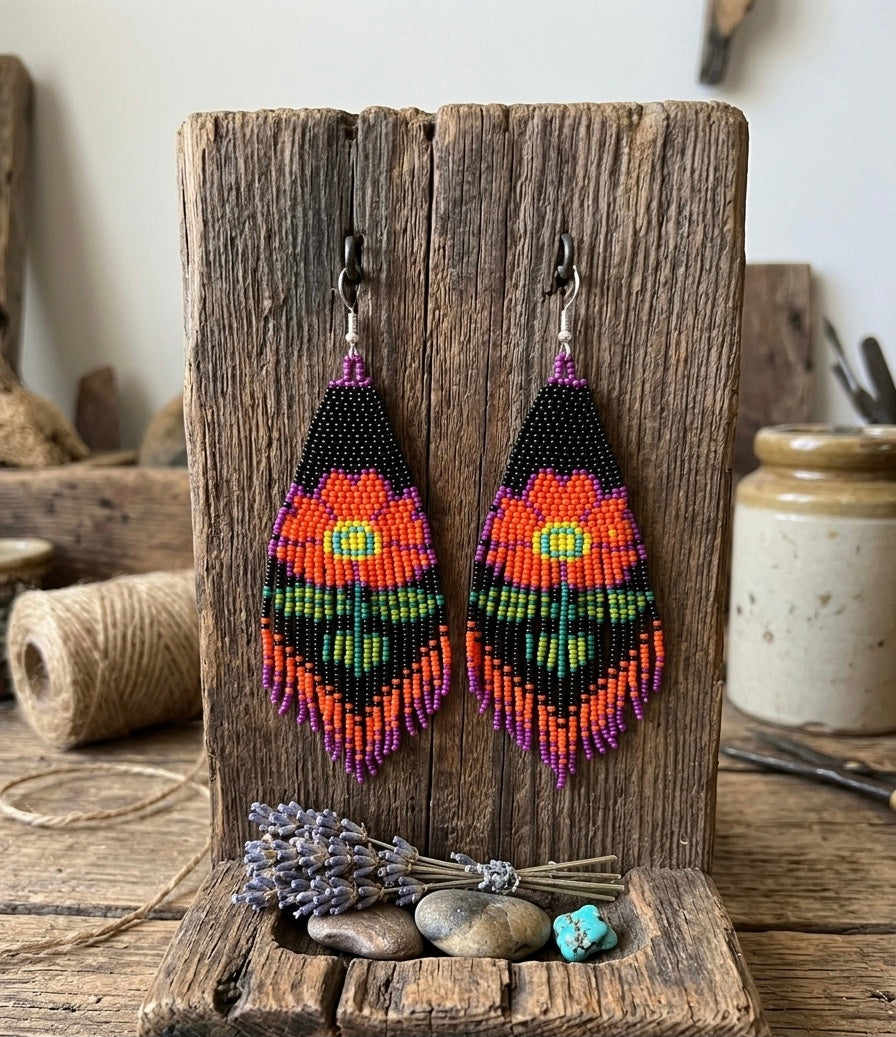 Boucles d'oreilles fleuries perlées (orange)