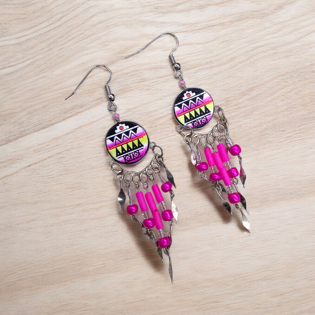 Boucles d'oreilles pendantes rondes de style sud-ouest rose et noir