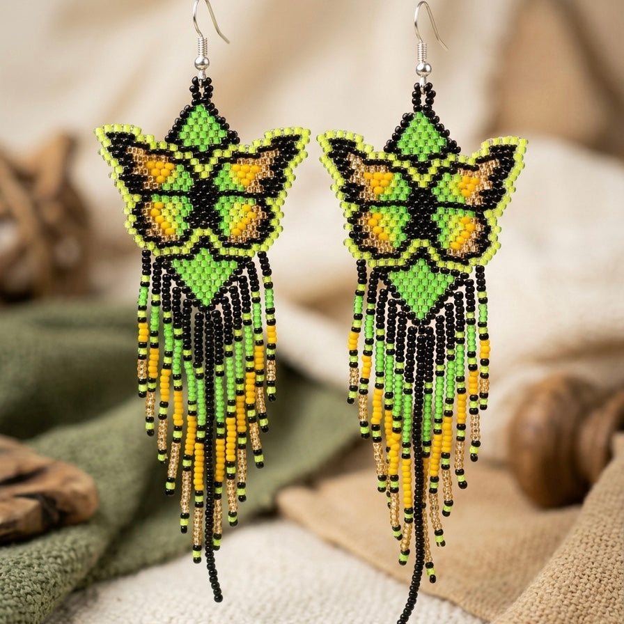 Green Beaded Dancing Wing Earrings
