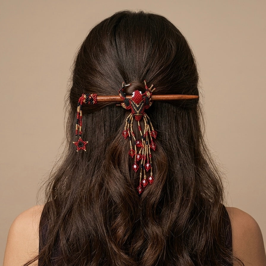 Pique à cheveux perlé colibri rouge et noir