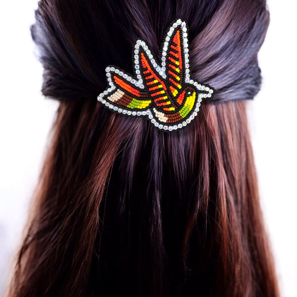 Barrette Colibri Perles Orange et Verte