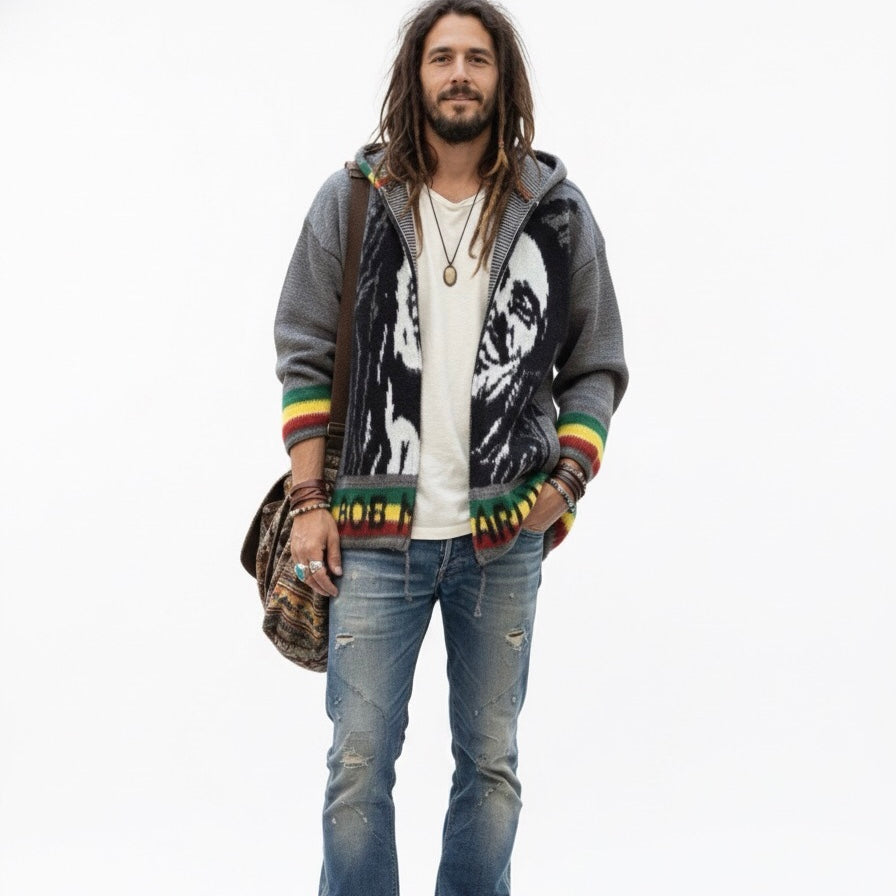Bob Marley pull unisexe en alpaga gris et noir
