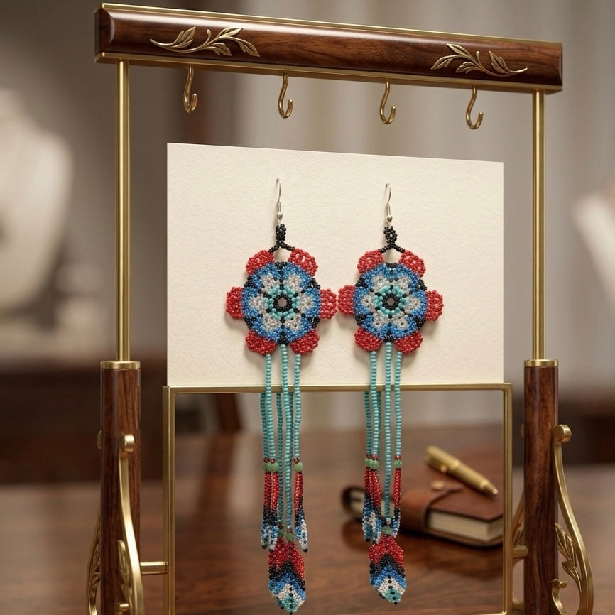 Boucles d'oreilles perlées Sun Feather Bloom - noir/turquoise