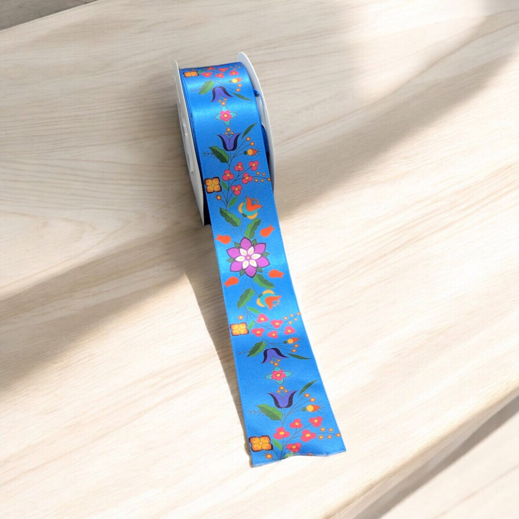 Rouleau de ruban floral double face bleu