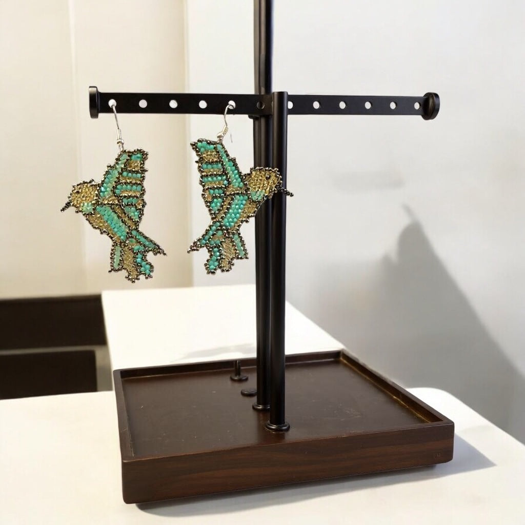 Boucles d'oreilles oiseau en perles turquoise et dorées