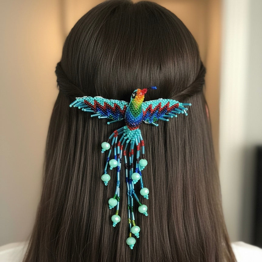 Barrette Colibri Turquoise à Franges