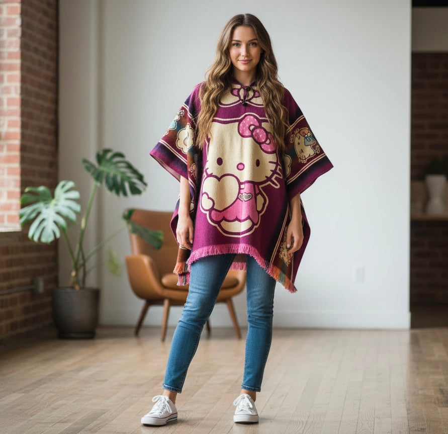 Poncho en laine à motifs