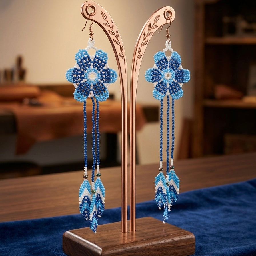 Boucles d'oreilles perlées Sun Feather Bloom - Céleste/bleu
