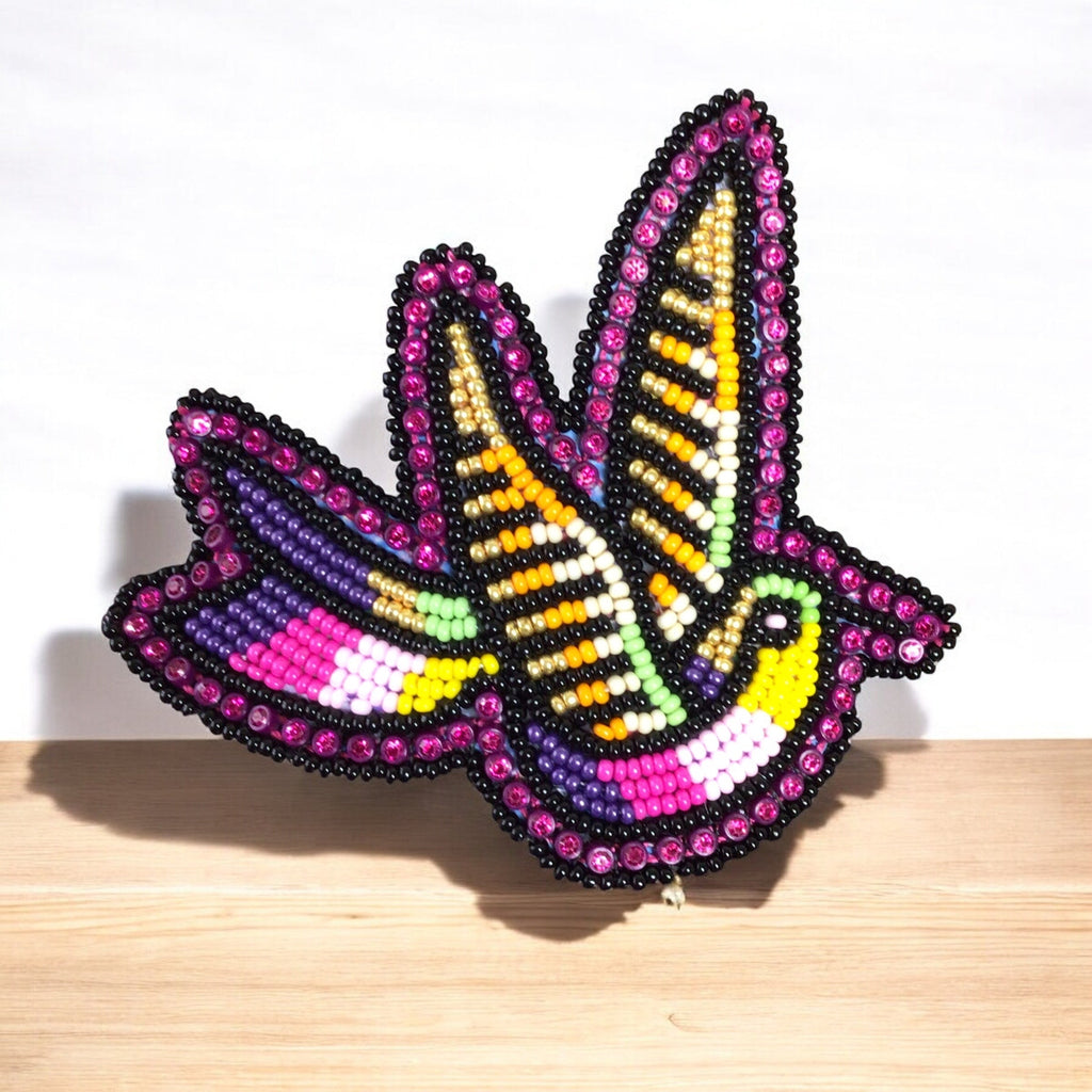 Barrette colibri rose et blanche perlée