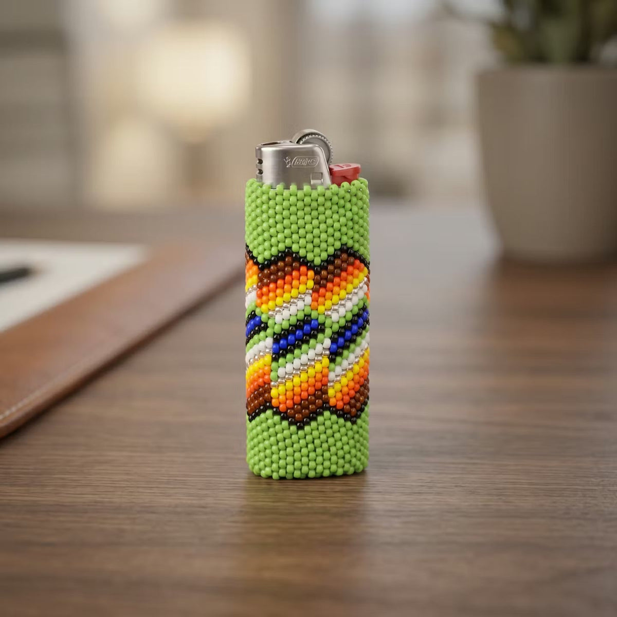 Étui à briquet perlé vert et orange