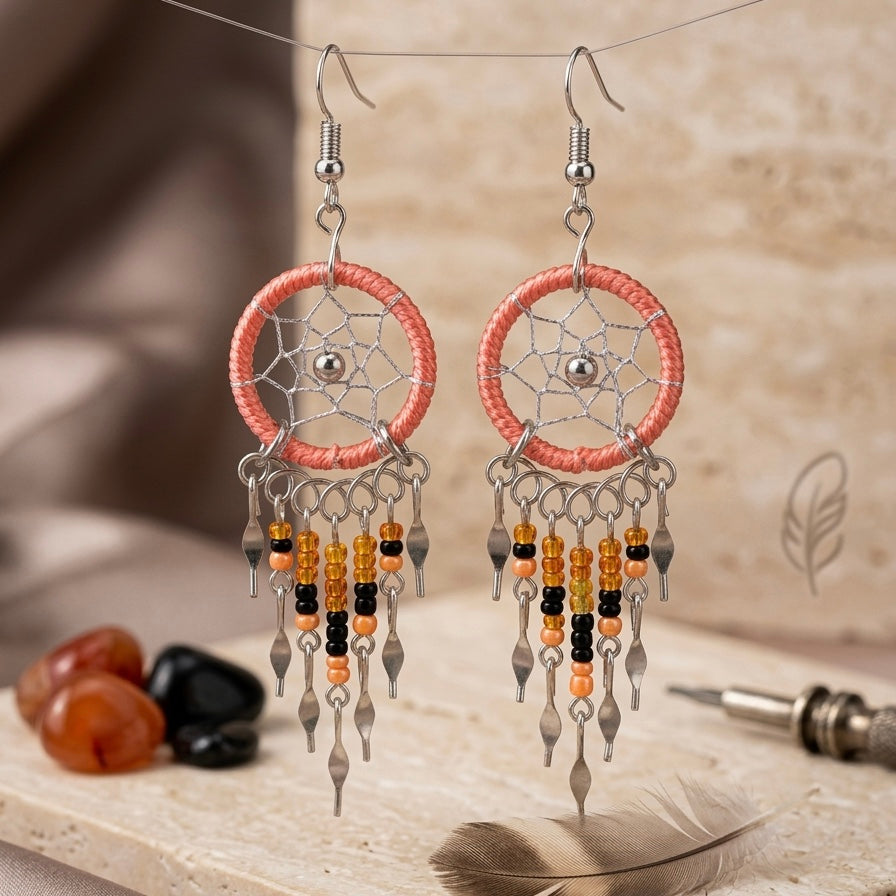 Boucles d'oreilles attrape-rêves perlées rose ancien OLDTRIBES™