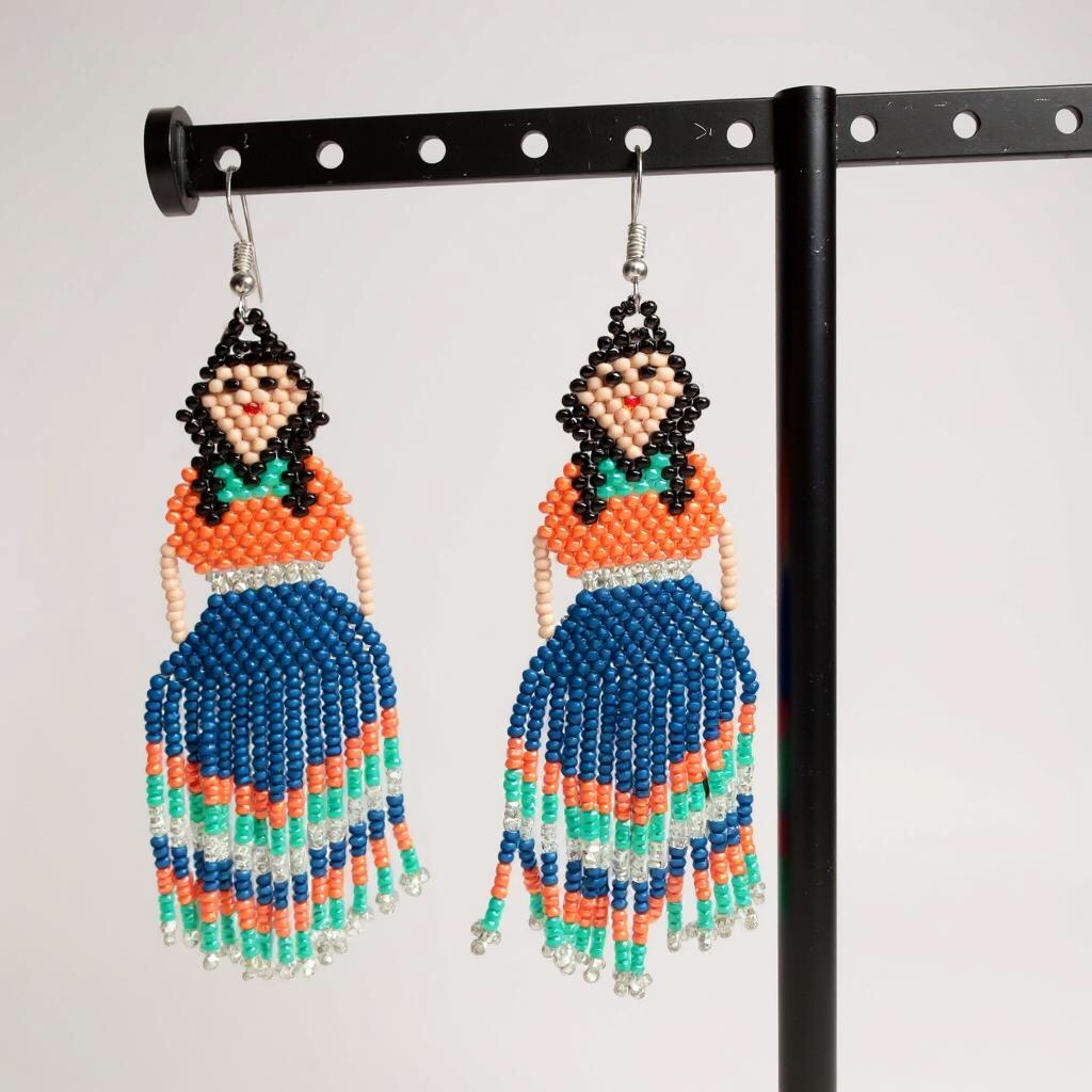 Boucles d'oreilles de danseuse jupe ruban perlée orange verte