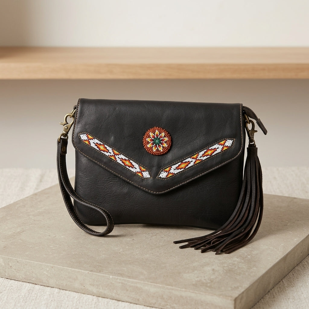 Sac bandoulière en cuir avec perles (marron chocolat)