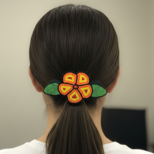 Barrette Fleur Perles Orange et Jaune