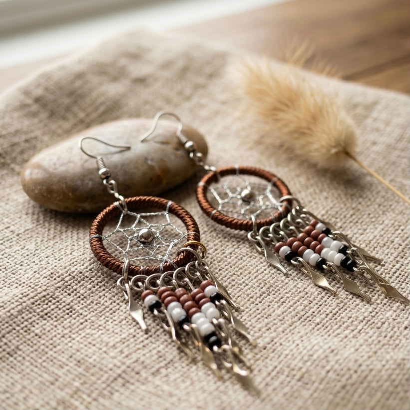 Boucles d'oreilles Attrape-rêves perles vertes et noires