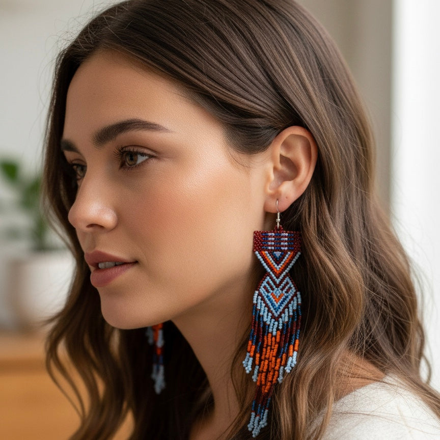 Boucles d'oreilles perlées « Chemin du coucher de soleil rouge et orange »