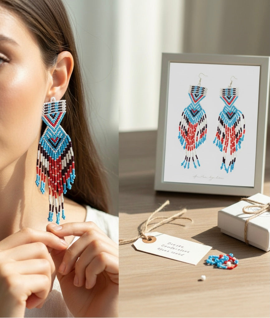 Boucles d'oreilles perlées Chemin du coucher de soleil rouge et bleu