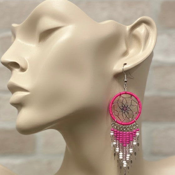Boucles d'oreilles pendantes attrape-rêves rose/fuchsia