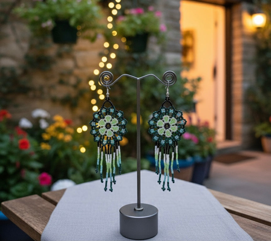 Boucles d'oreilles perlées Fleur Vert Foncé