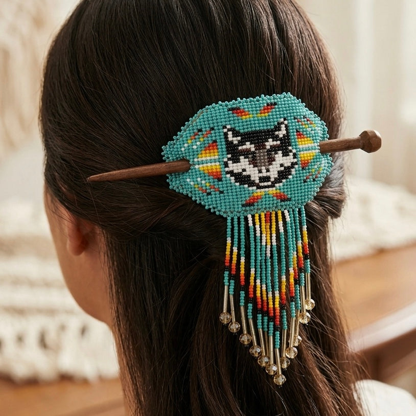 Barrette perlée à franges loup et pique en bois