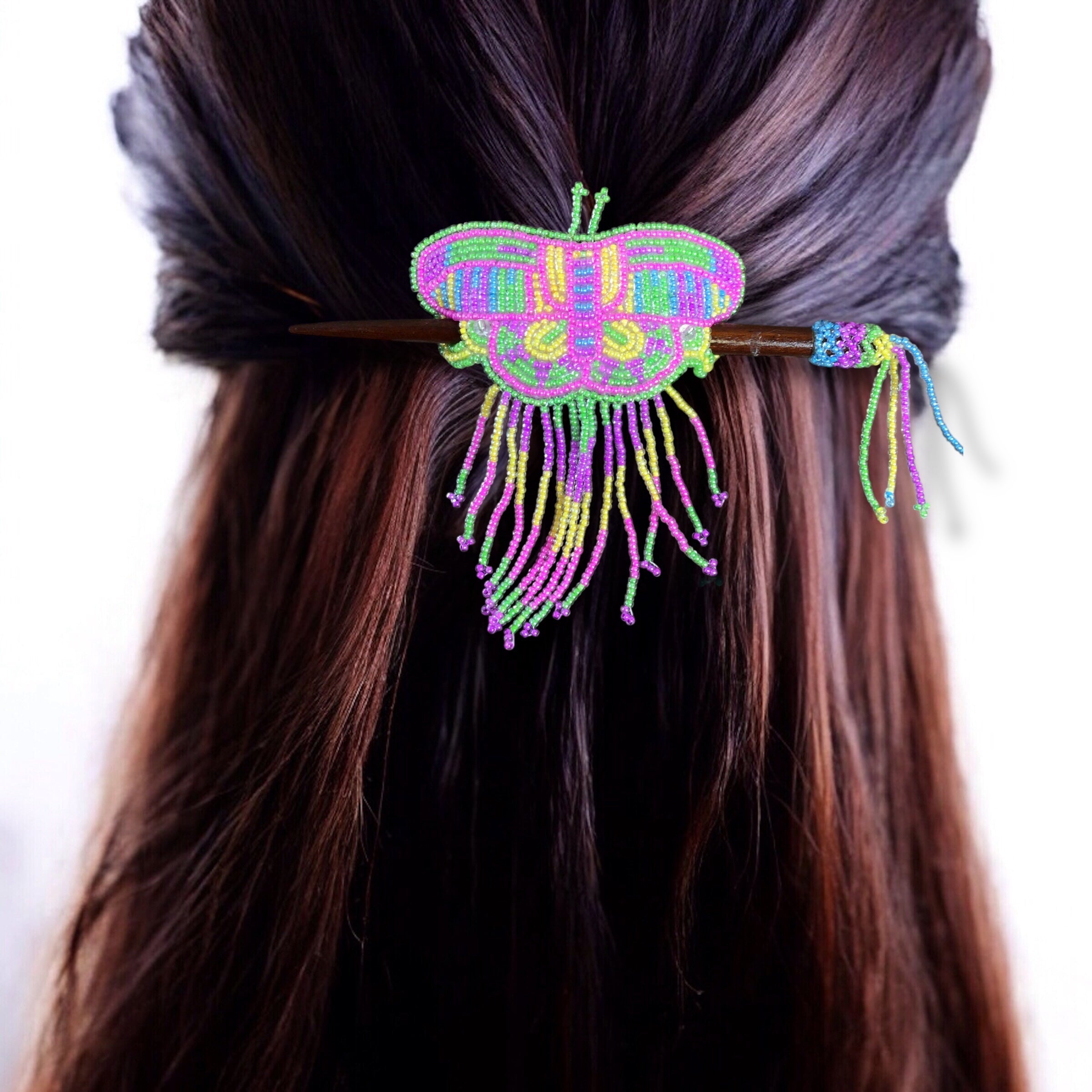 Pink and Green Wooden Stick Butterfly Beaded Barrette with Fringes