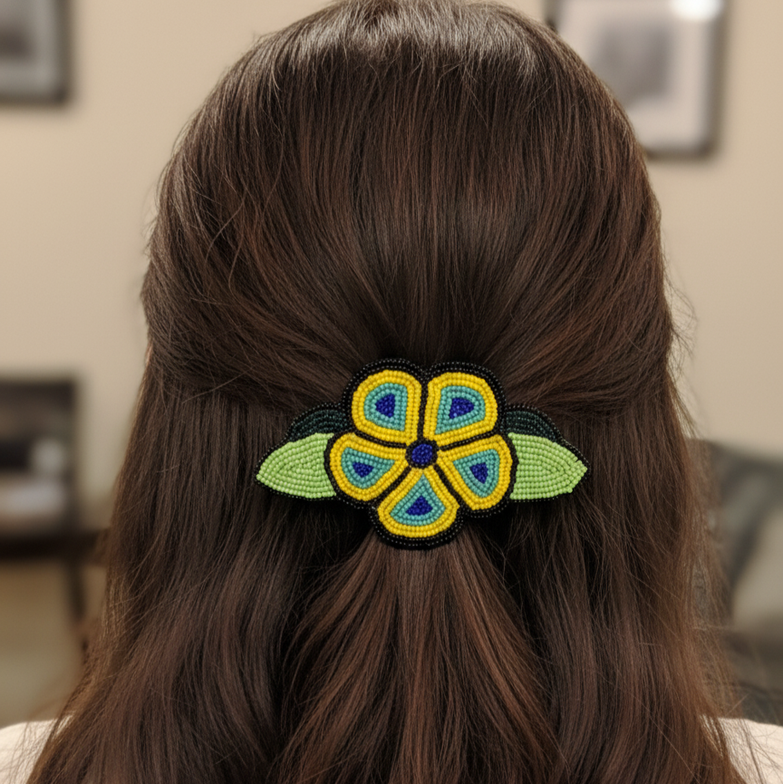 Barrette à fleurs perlée jaune et noire