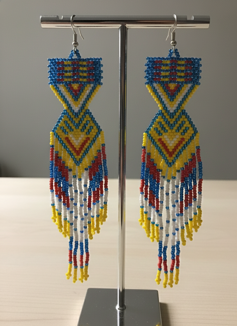 Boucles d'oreilles perlées « Chemin du coucher de soleil » bleu ciel et jaune