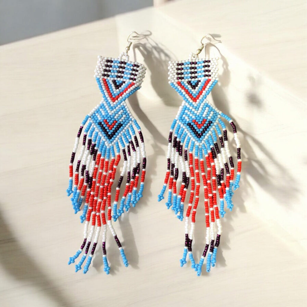 Boucles d'oreilles perlées Chemin du coucher de soleil rouge et bleu