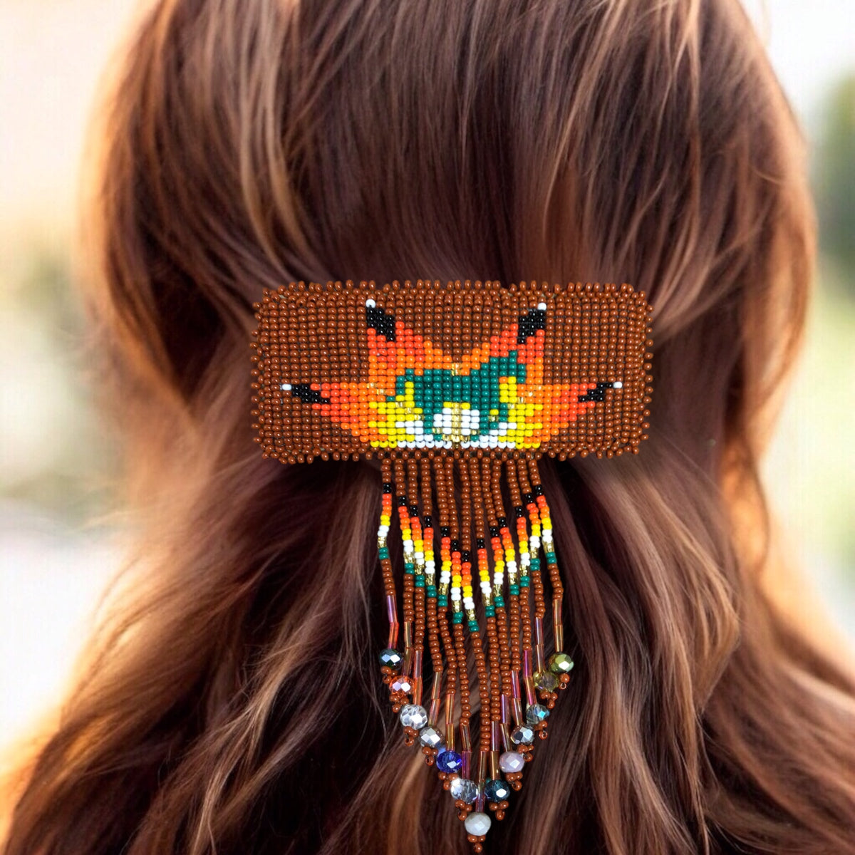 Barrette rectangulaire à franges - Marron