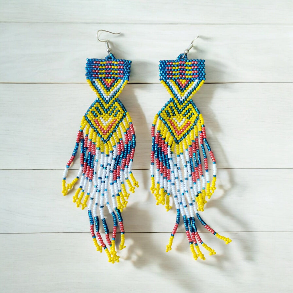 Boucles d'oreilles perlées « Chemin du coucher de soleil » bleu ciel et jaune
