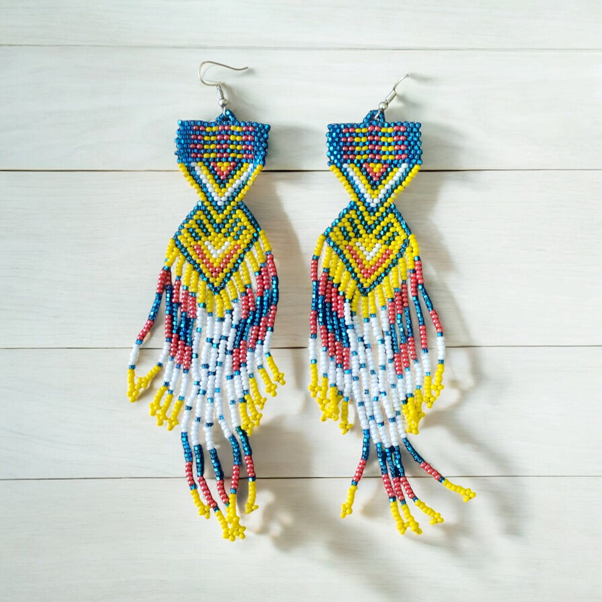 Boucles d'oreilles perlées « Chemin du coucher de soleil » bleu ciel et jaune