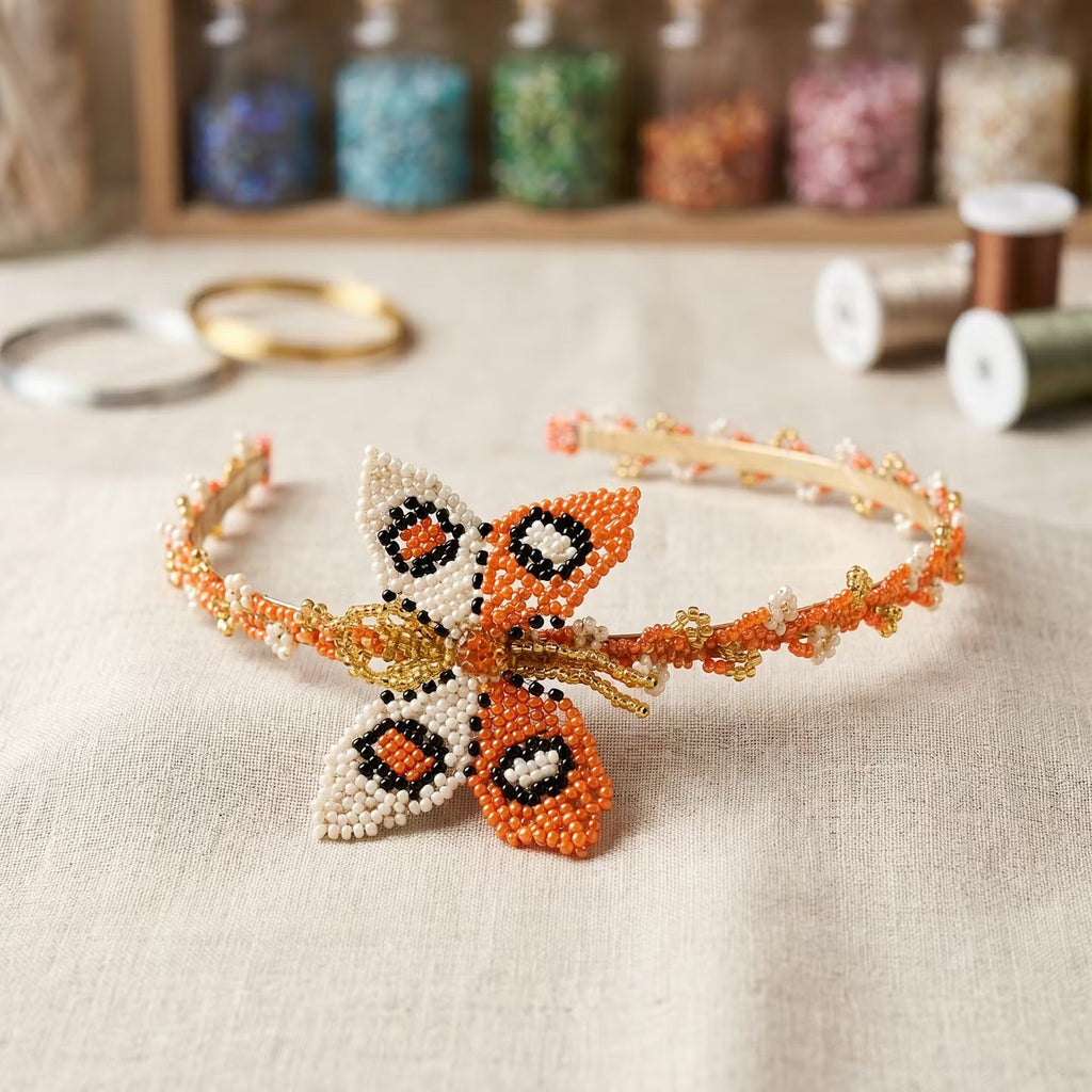 Serre-tête perlé papillon orange et blanc