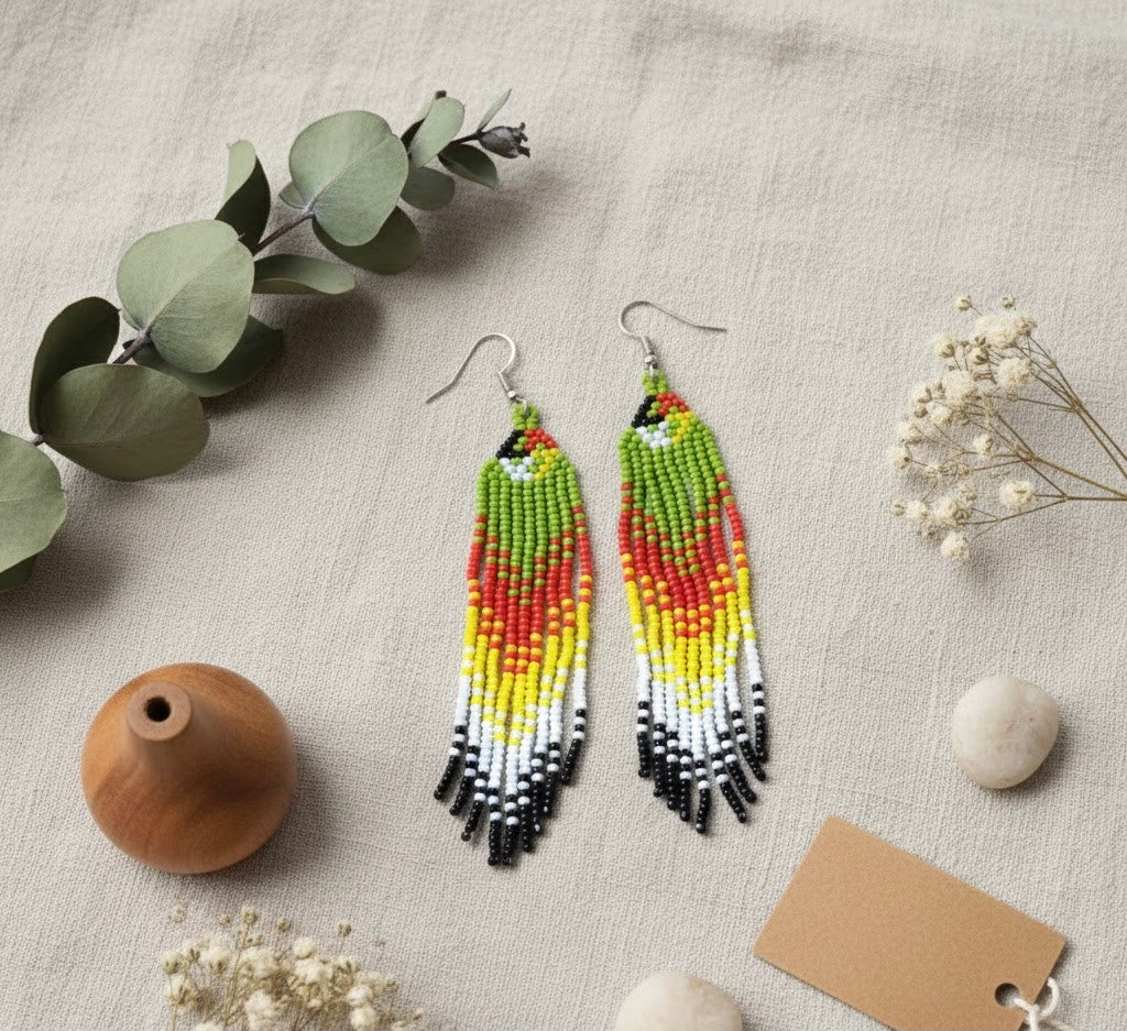 Boucles d'oreilles perlées Esprit Oiseau de Feu Vert