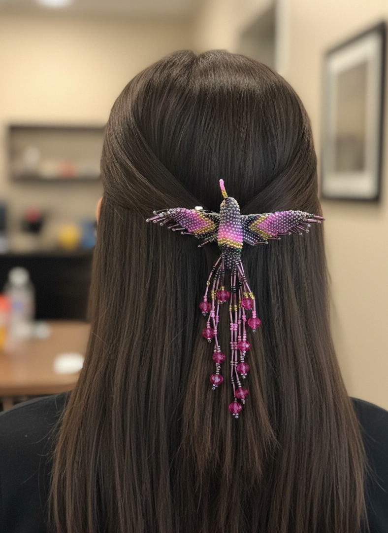 Barrette colibri violet jaune rose avec franges