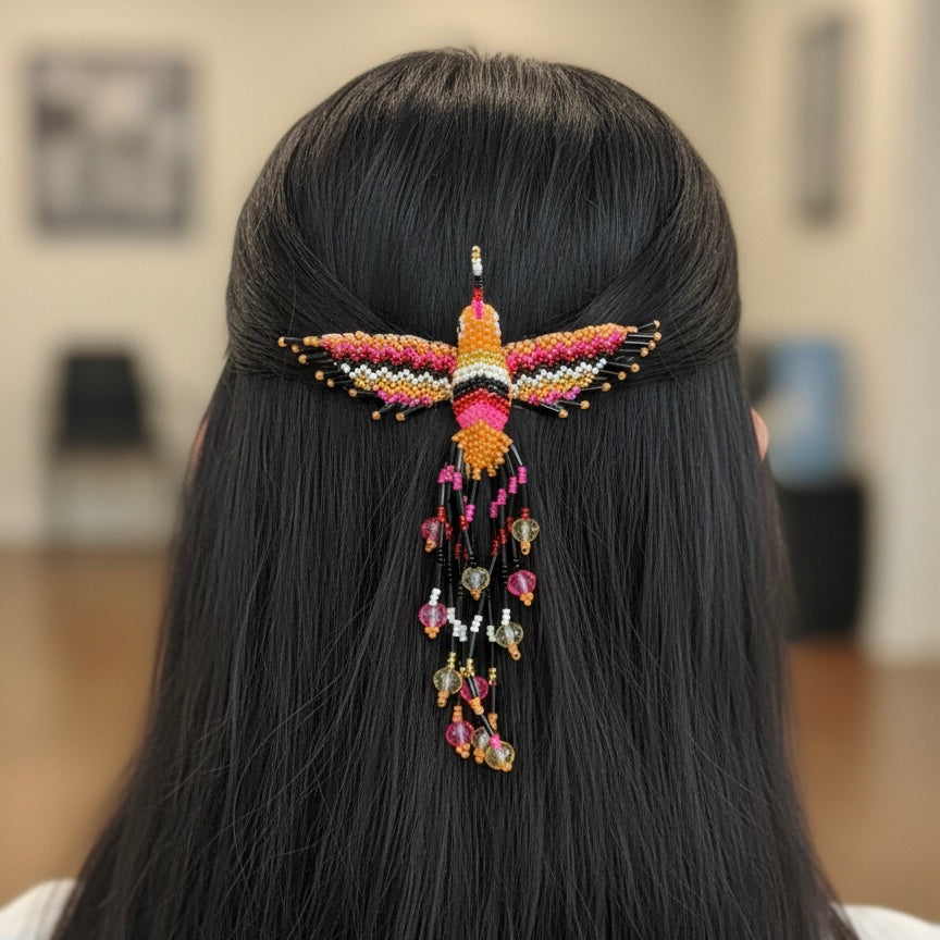 Barrette colibri noire et orange avec des franges