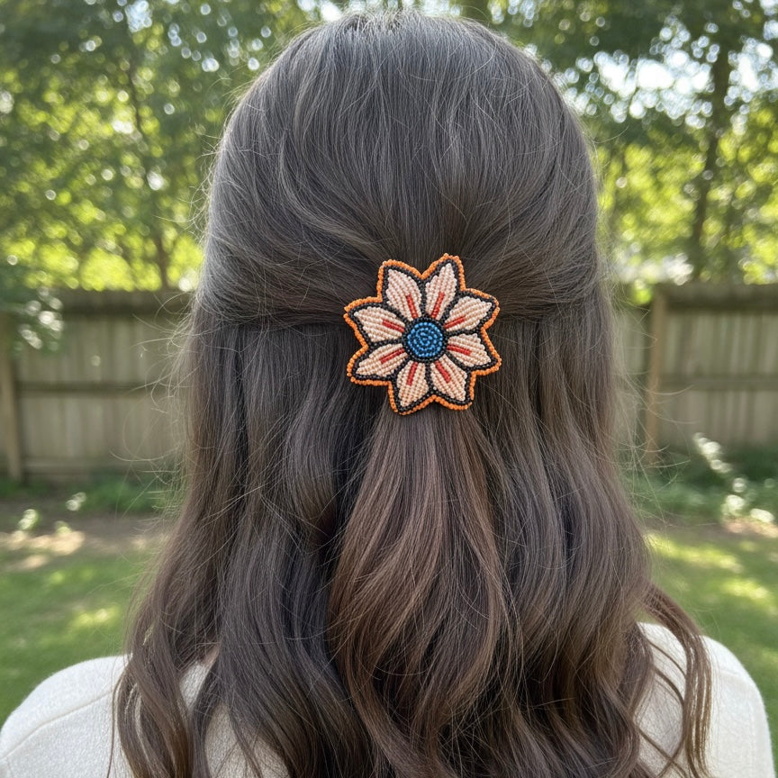 Barrette fleur en perles pêche