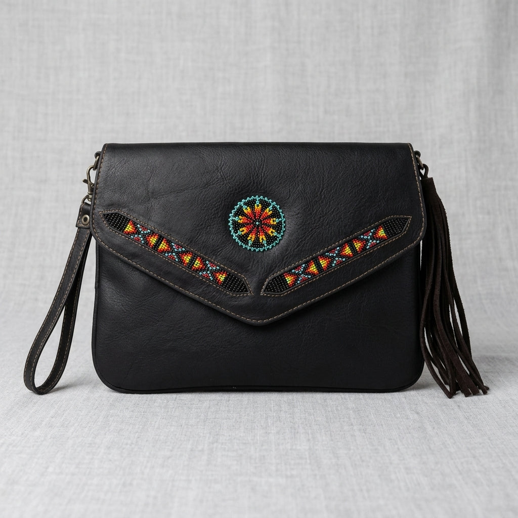 Sac bandoulière en cuir avec perles (marron chocolat)