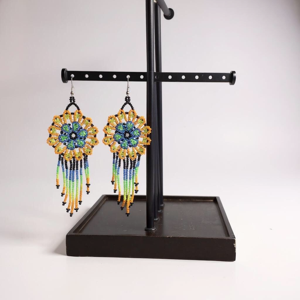 Green Blue Flower beaded Earrings