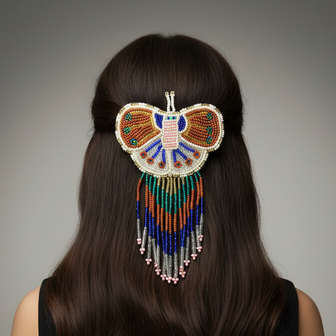 Barrettes à papillons perlées avec franges marron et blanc