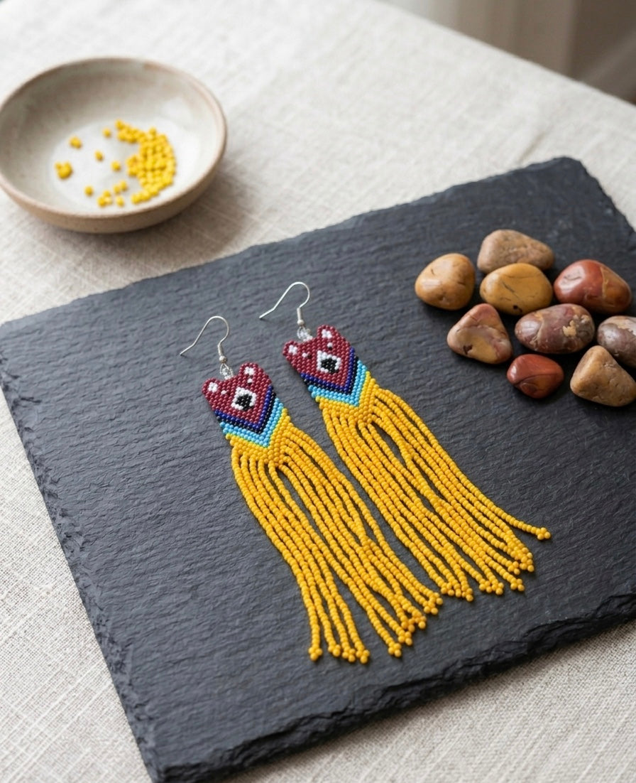 Boucles d'oreilles perlées Ours rouge - Moutarde