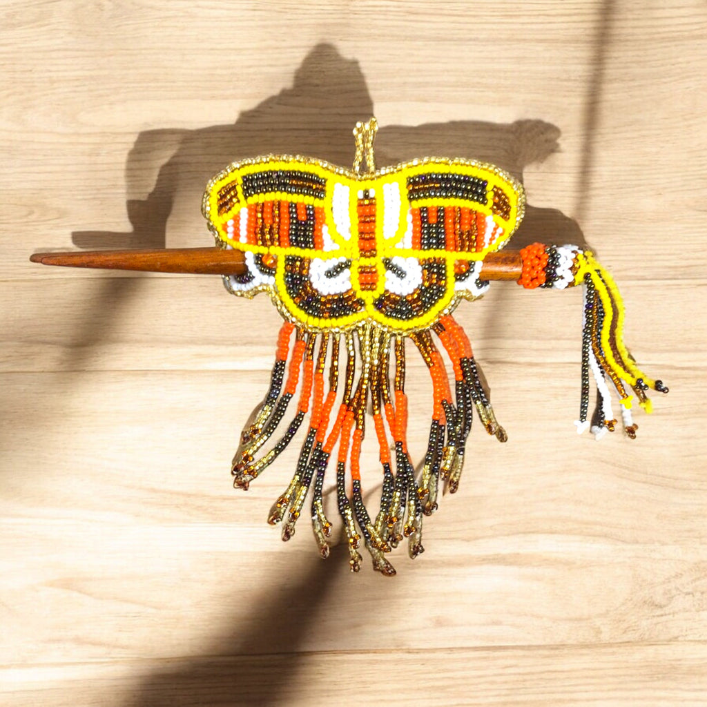 Red and Yellow Wooden Stick Butterfly Beaded Barrette with Fringes