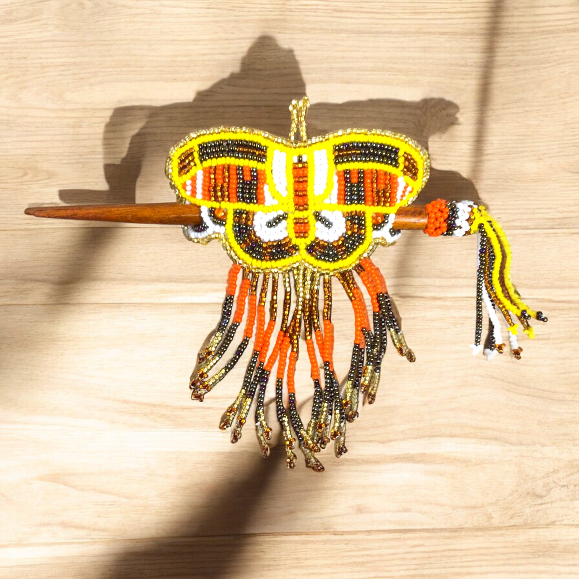 Red and Yellow Wooden Stick Butterfly Beaded Barrette with Fringes