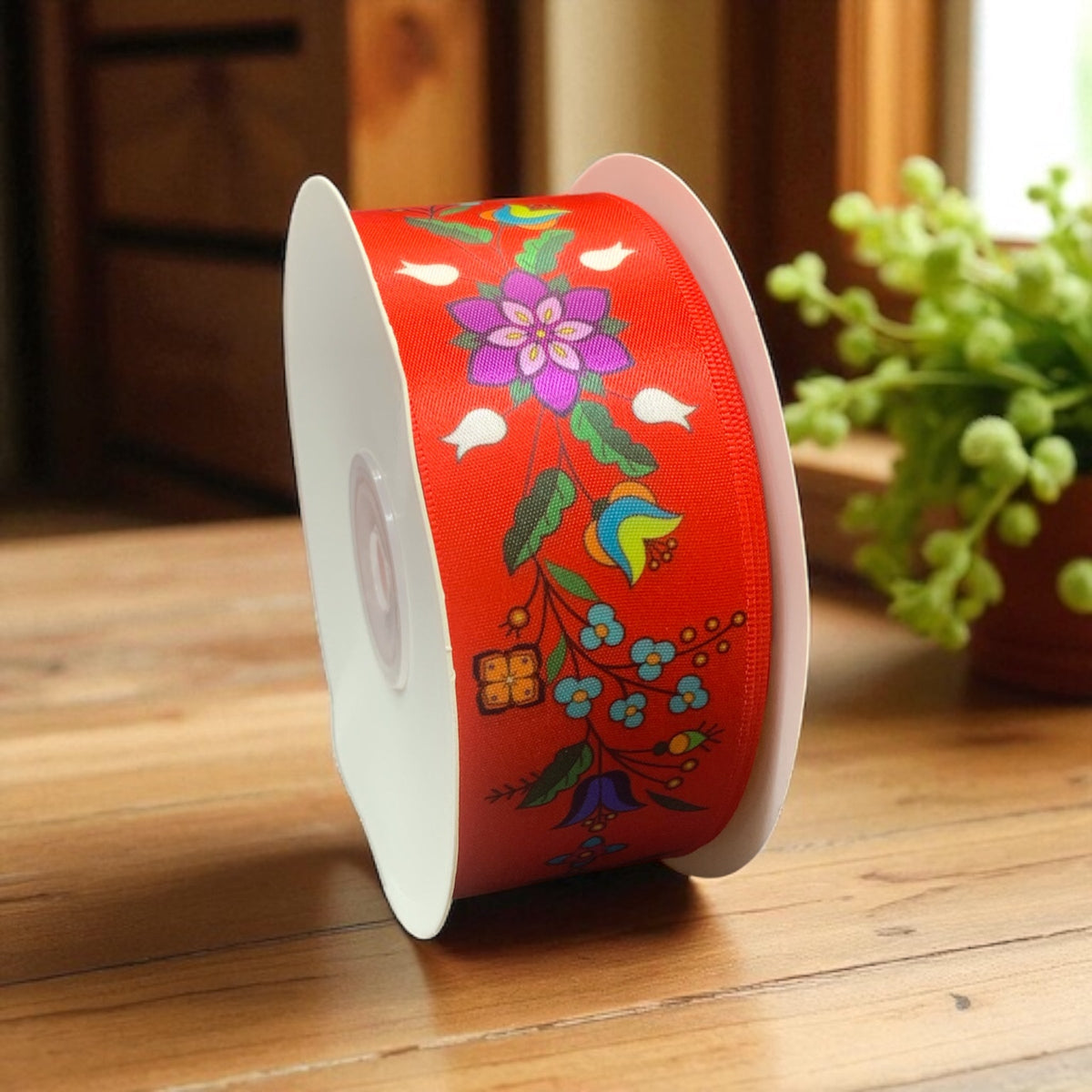 Rouleau de ruban floral rouge double face