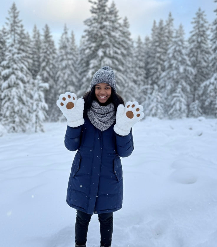 Gants Patte d'Ours en Peluche Douce Blanche