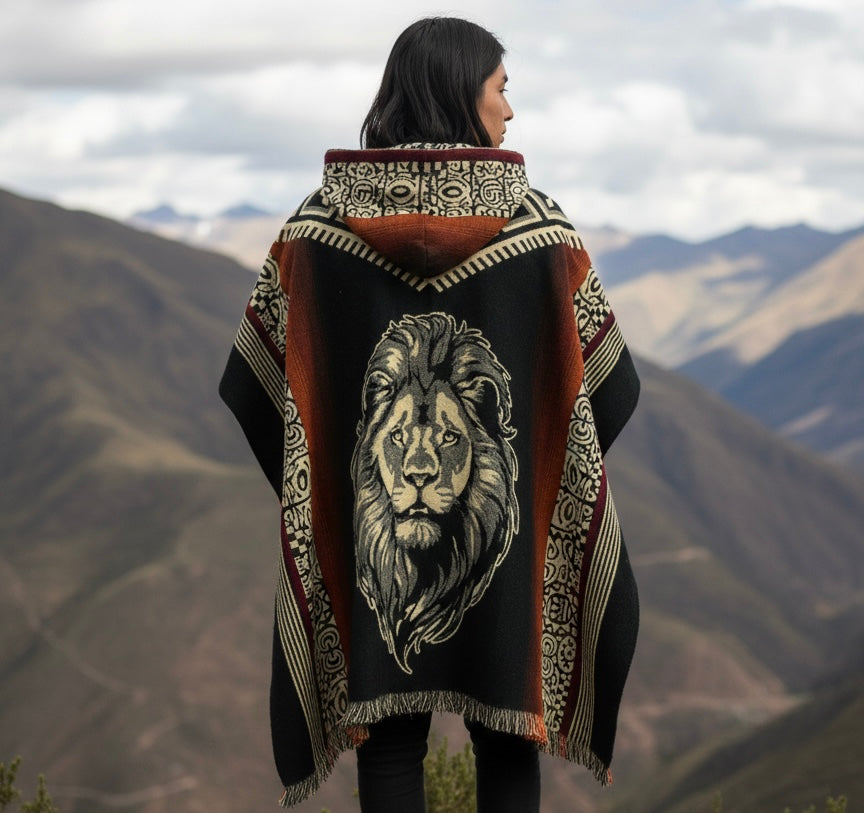 Poncho en Laine Fait Main Tête de Lion