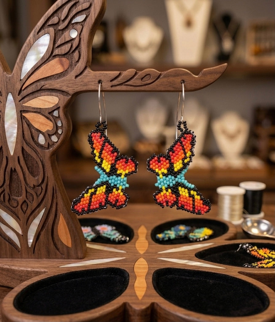 Boucles d'oreilles papillon dansant, perles noires/jaunes